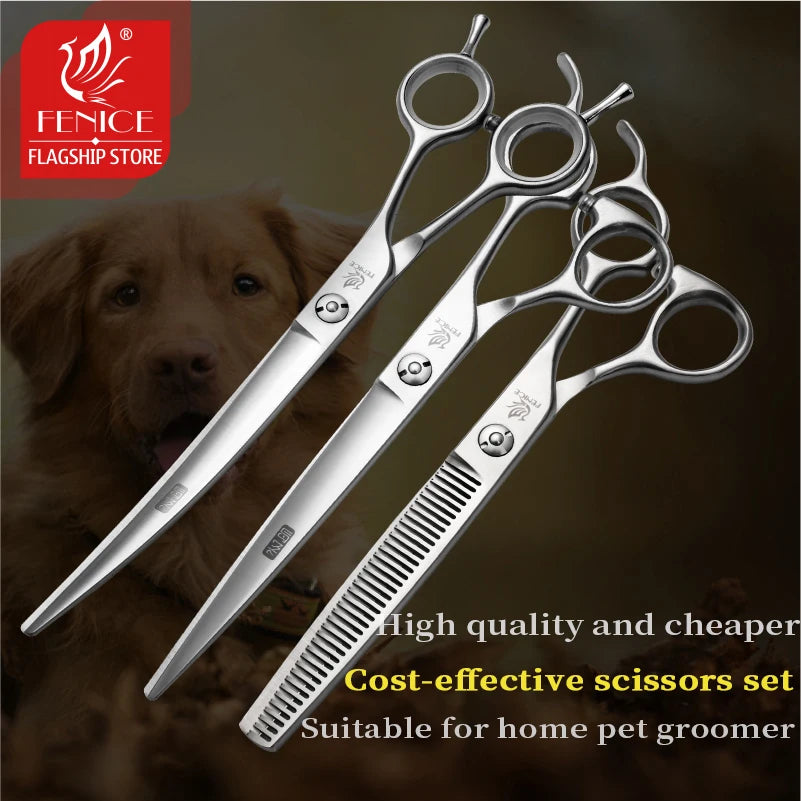 Fenice Professional Dog Grooming Scissors Kit Cutting Curved Thinning Shear 9CR Satinless Steel Scissors Set