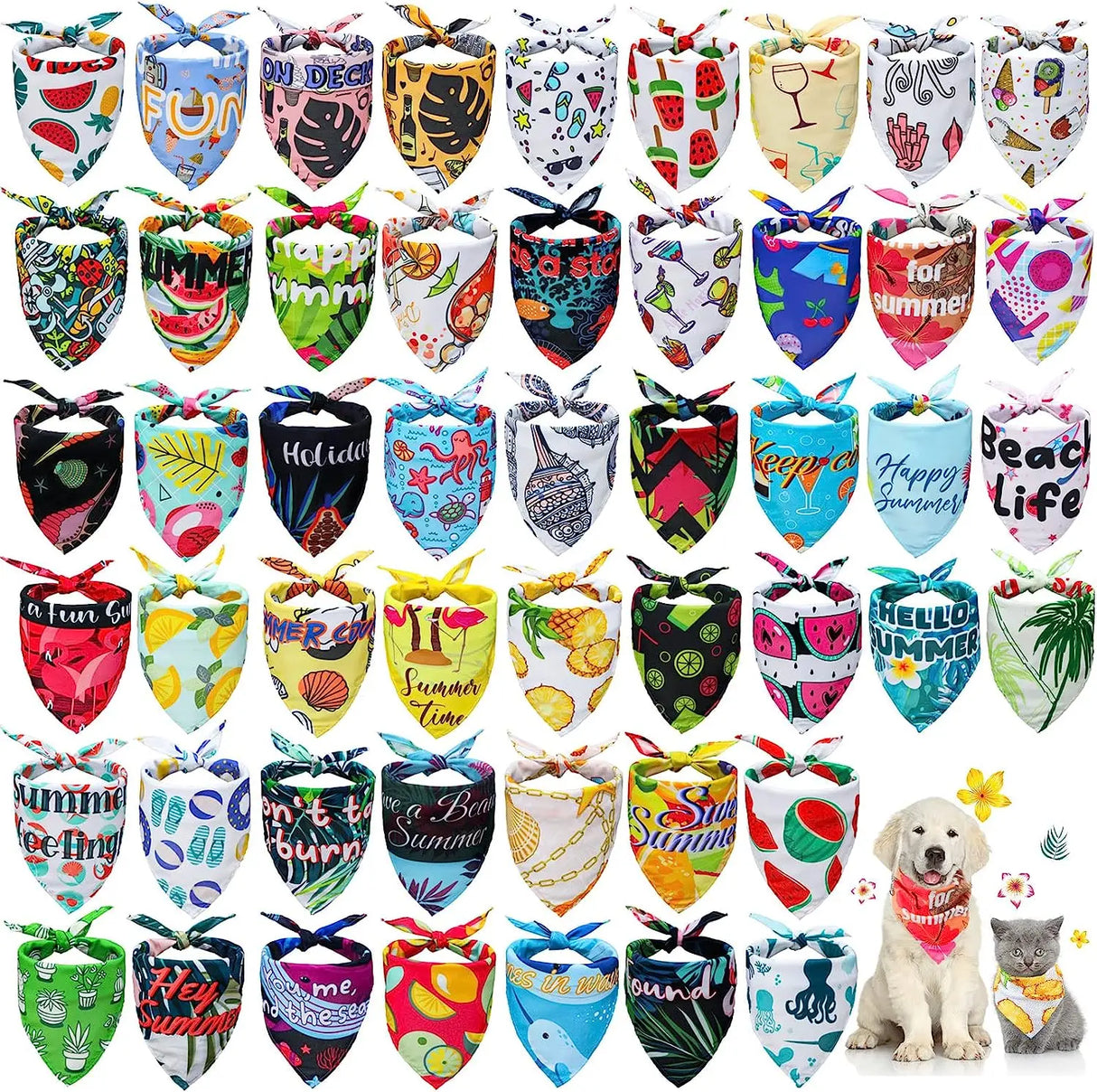 50Pack Summer Hawaii Dog Bandanas Soft Triangle Dog Scarfs Polyester Fruit Bandana Flowers Patterns for Small Medium Large Pets