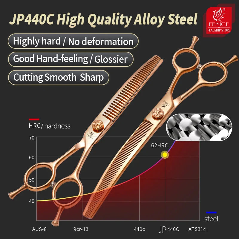 Fenice High-grade 6.5/7.25 inch Straight/Curved JP440C Thinning Rate 25%-70% Shears Chunker Scissors Pets Dog Grooming Scissors