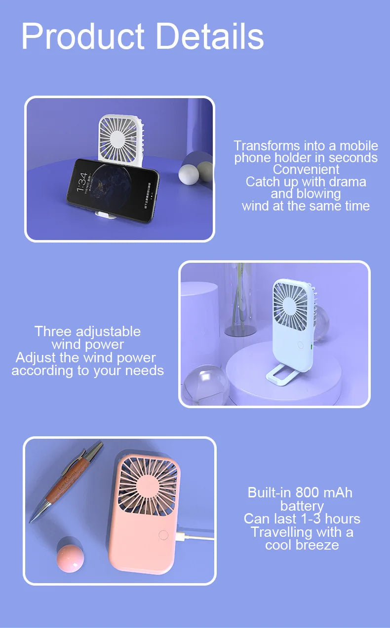 Compact Mini Fan Rechargeable Stand Small Pocket Fan with Three Wind Speeds Powerful Range Long-lasting Fan