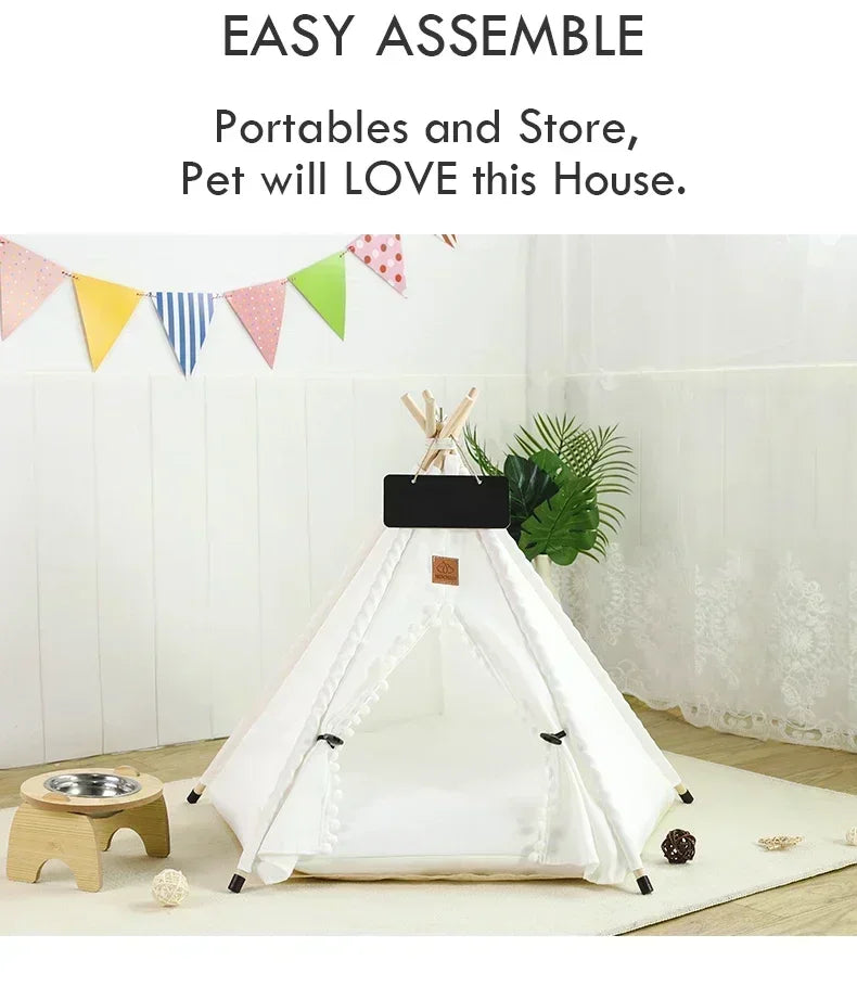 Pet Teepee Tent for Cats and Dogs Portable Removable Washable Dog House Indoor Puppies House with Cushion and Blackboard Cat Bed