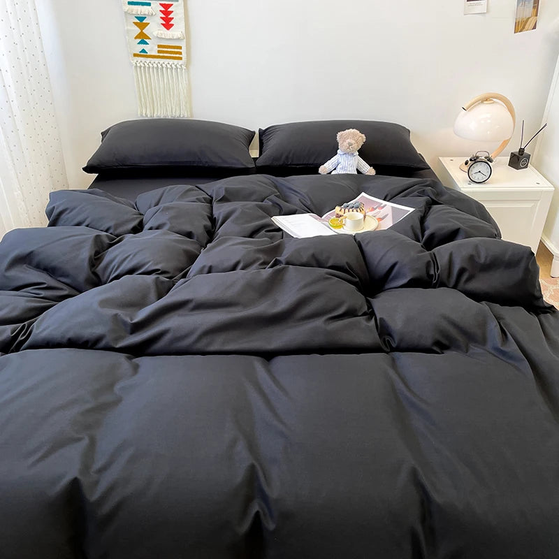 Black Bedding Set Soft Bed Linen Set Washed Cotton Duvet Cover Pillowcase and Bedsheet постельное бельё набор Home Bedclothes