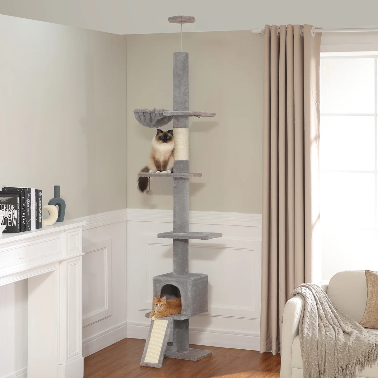 Adjustable 210-274CM Floor to Ceiling Cat Tree Tower 5 Tiers Climbing Tree for Indoor Cats with Condo Scratching Post Ladders