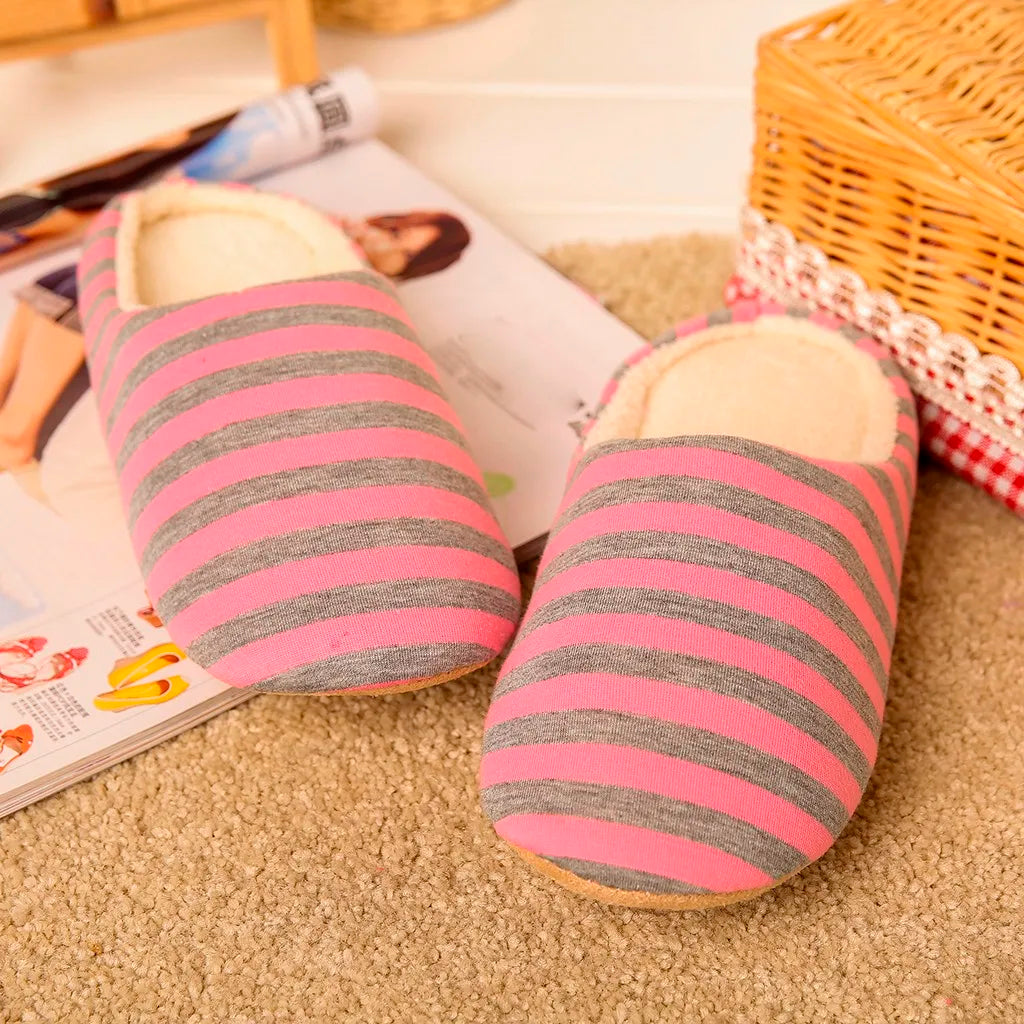 Women House Shoes 2024 Soft Striped Indoor Mute Cotton Slippers Non-Slip Slippers Warm Plush Unisex Comfort Home Floor Slipper