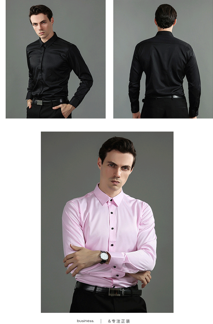 6xl New Spring and summer  elastic force non-iron men's long-sleeved business casual shirt solid color mercerized vertical shirt