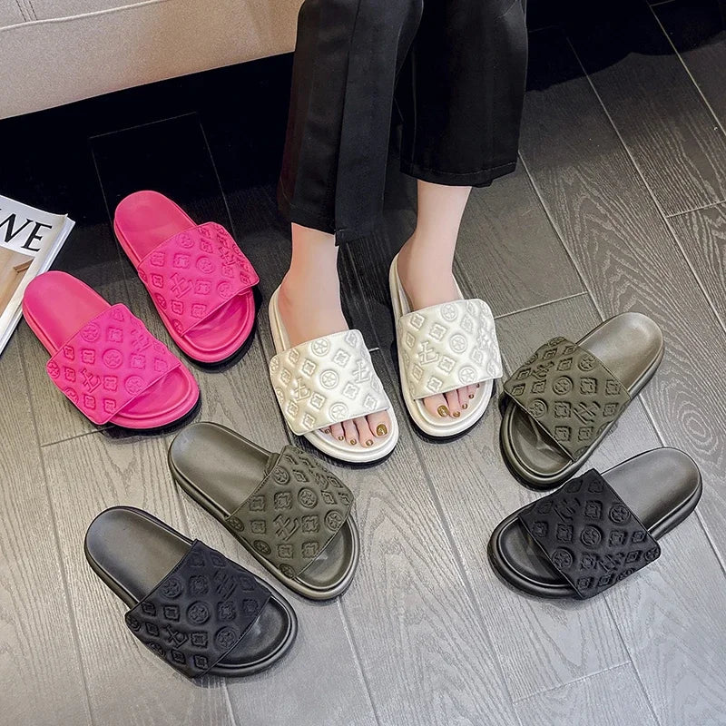 Ladies Magic Sticker Flat Slippers 2023 Summer New Designer Luxury Sandals for Women Elegant Home Flat Slippers Zapatos De Mujer