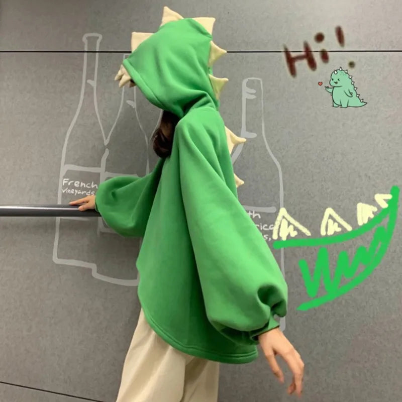 Autumn Women Cartoon Dinosaur Horn Cap Hoodies Harajuku Sweatshirts Cute Front Short Back Long Pullover Casual Loose Tracksuit