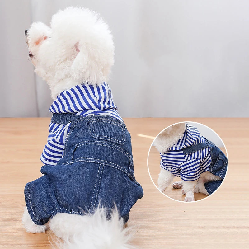 Pet Clothes Dog Cat Striped Plaid Jean Jumpsuit Hoodies Pet Costume for Small Medium Dog Chihuahua French Bulldog Puppy Clothing