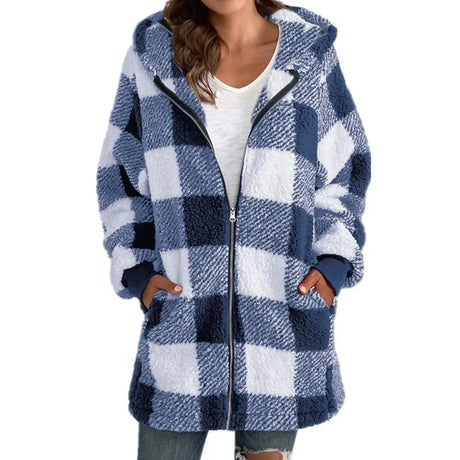 2024 New Amazon Long Sleeve Plaid Hooded Zipper Women's Jacket Loose Fit Pocket Included Casual Ladies Outerwear