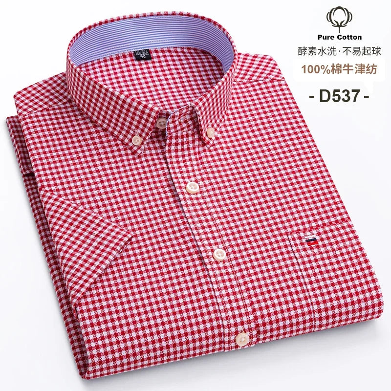 100% Cotton Breathable Men Oxford Short Sleeve Summer Plaid Striped Male Shirt Business Regular Fit Oversized Clothes