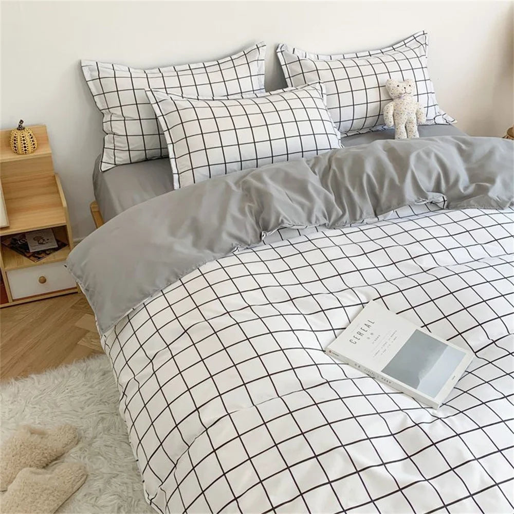 Ins Green Grid Bedding Set Bed Linen Nordic Lattice Duvet Cover For Adults Boys Bedspread Flat Sheet Simple Single Quilt Cover