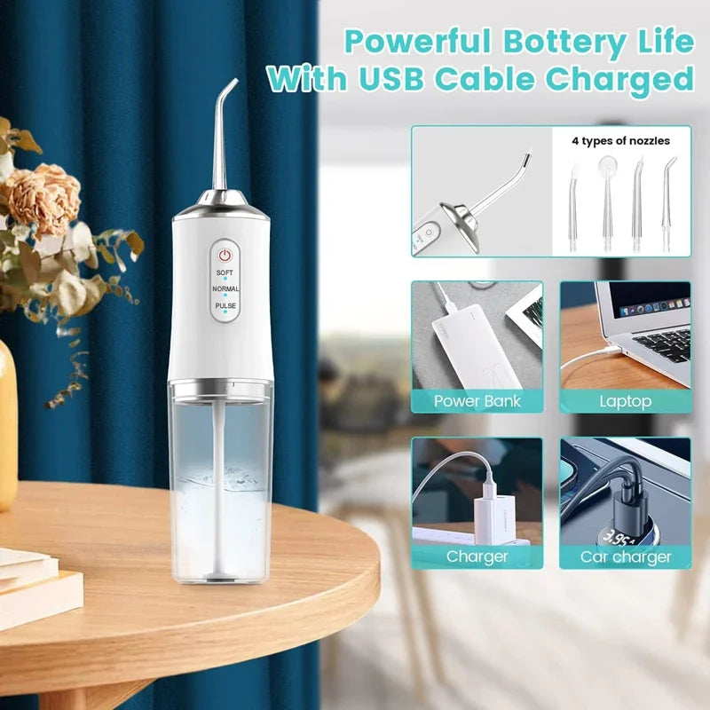 Portable Dental Water Flosser Oral Irrigator USB Rechargeable Water Floss Jet Tooth Pick 4 Tips 220ml Mouth washing machine