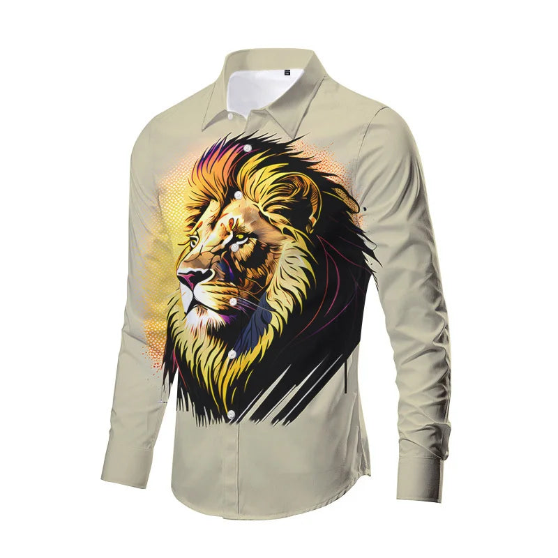 Tiger Print Long Sleeve Shirt For Men Clothing 3D Lion Pattern Spring Autumn Long Sleeve Tops Street Casual Fashion Long Sleeved