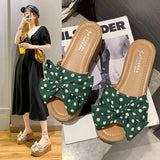 Aphixta 7cm Platform Wedge Slippers Women Shoes Butterfly-knot Clog Riband Polka Dot Snowflake Fabric Bow Flip Flop Light Slide