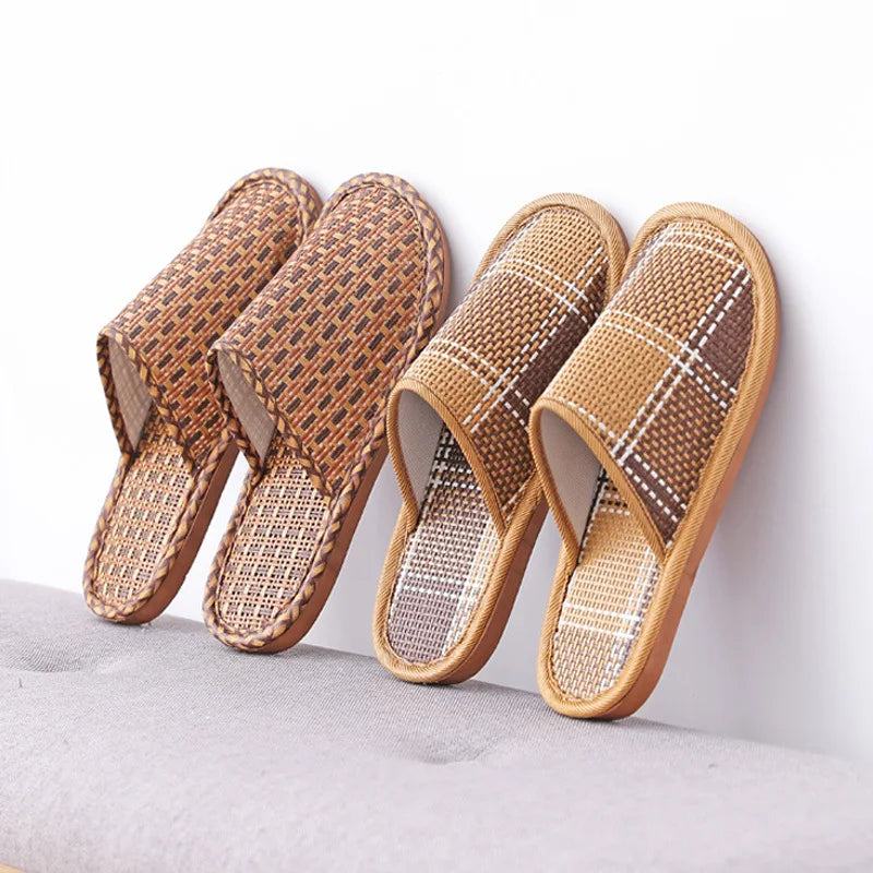 Bamboo Weaving Home Linen Slippers Summer Cooling Woven Rattan Sandals Indoor Non-slip Slides Unisex Bedroom Shoes Zapatillas