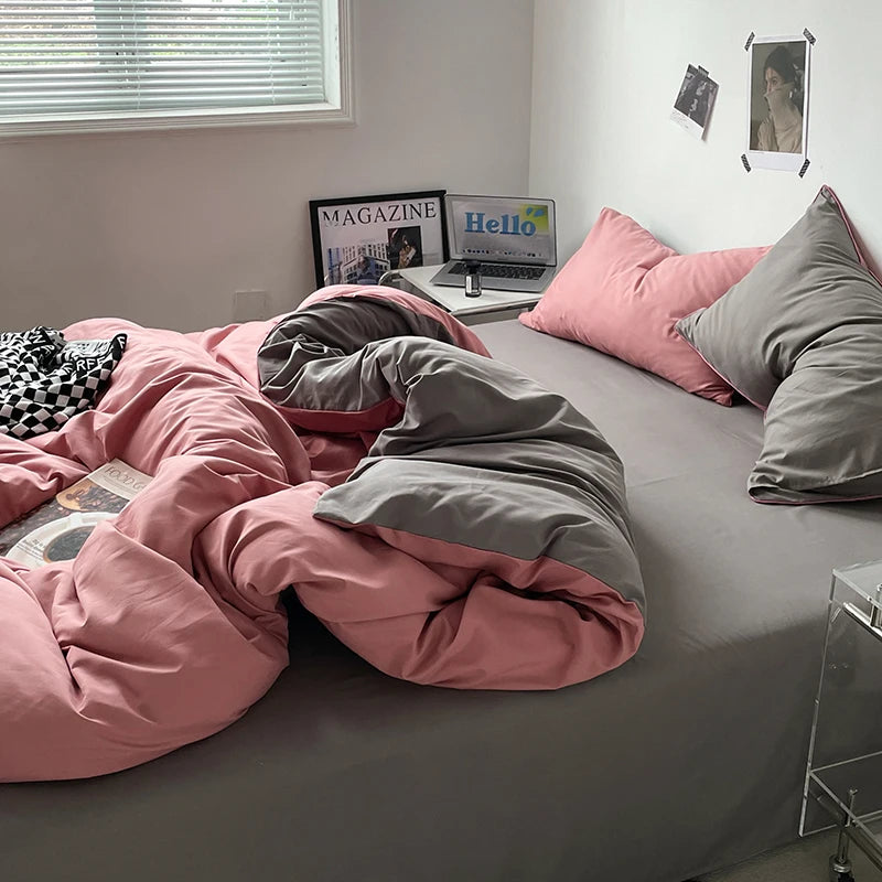 100% Cotton Pink Bedding Set Nordic Chic Duvet Cover Flat Sheet Pillowcase Soft Comforter Cover Bed Linen Boy Girl Home Textiles