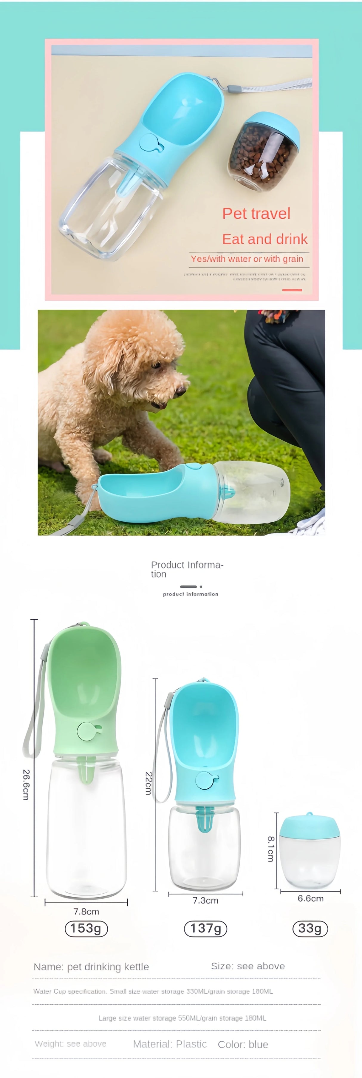 Pets Water Bottle Portable Food Grade Material Dog Cat Travel Pet Water Cup Bottle With Food Dispenser puppy water bottle