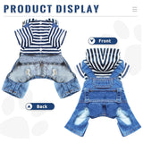 Small Dog Hoodie Clothes Stripe Shirts Denim Jumpsuit Outfit for Small Medium Dogs Cats Boy Girl Blue Jeans Overalls for Puppy