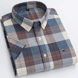 2023 100% Pure Cotton Men's Oxford Short Sleeve Square Collar Soild Plaid Striped Summer Casual Shirts Single Pocket  Shirt