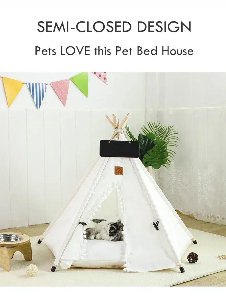 Pet Teepee Tent for Cats and Dogs Portable Removable Washable Dog House Indoor Puppies House with Cushion and Blackboard Cat Bed