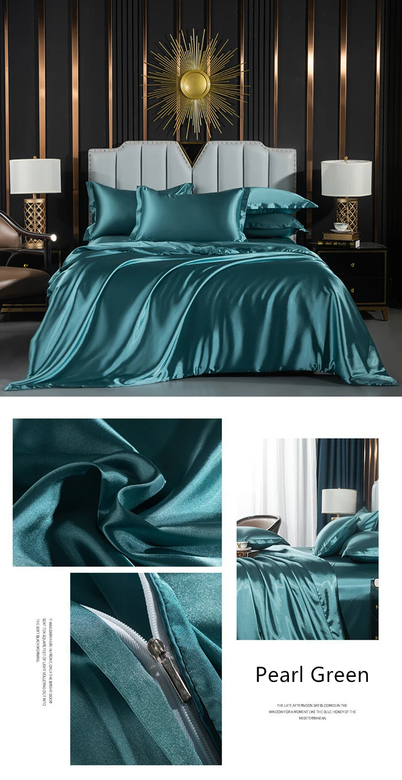 Solid Silk Bedding Set with Duvet Cover Fitted/Flat Bed Sheet Pillowcase Luxury Couple Bedsheet King Queen Double Twin Size