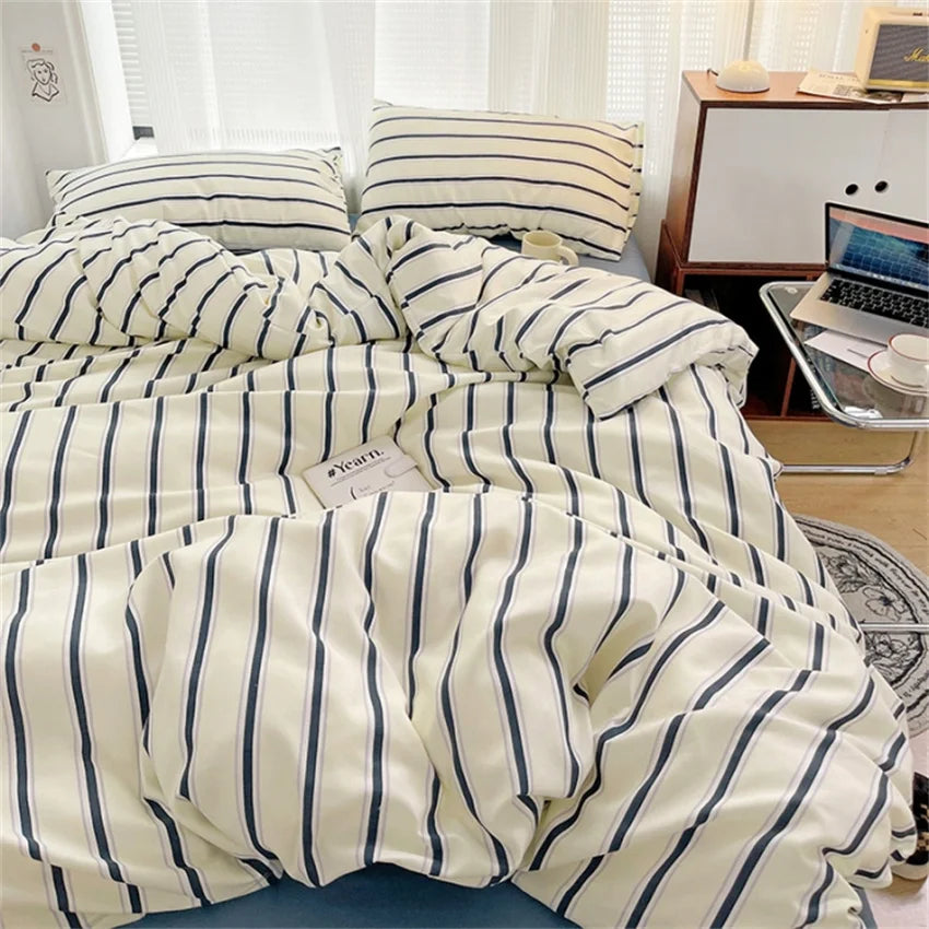 Pure Cotton Home Textile Blue Striped Bedding Set Simple Soft Duvet Cover Sheet Pillowcase Ins Style Bed Linens Queen King Size