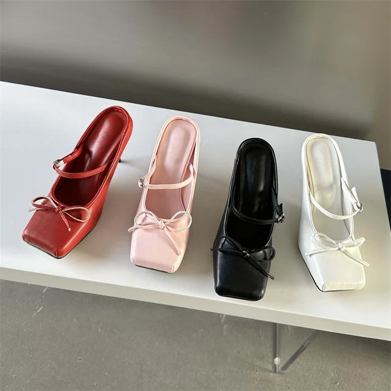 Eilyken New Design Bowknot Square Toe Women Pumps Sexy Buckle Strap Thin High Heels Banquet Prom Mule Slippers Shoes