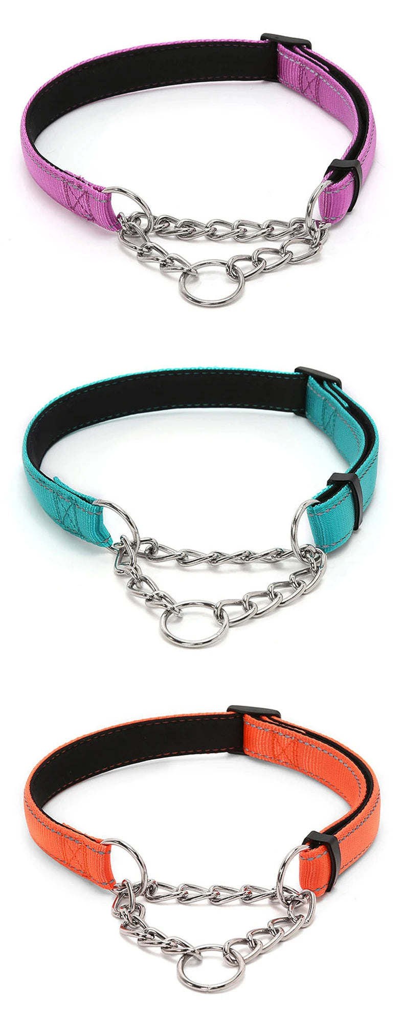 Stainless Steel Chain Martingale Collar - Stainless Steel Chain Reflective Nylon Fabric Pet Collars for Small Medium Large Dogs