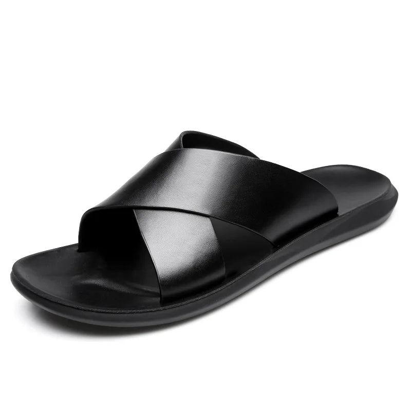 Leather Slippers For Men New Hotel Beach Summer Shoes High Quality Big Size  Slip On Light Flats Male Flip Flops 2023