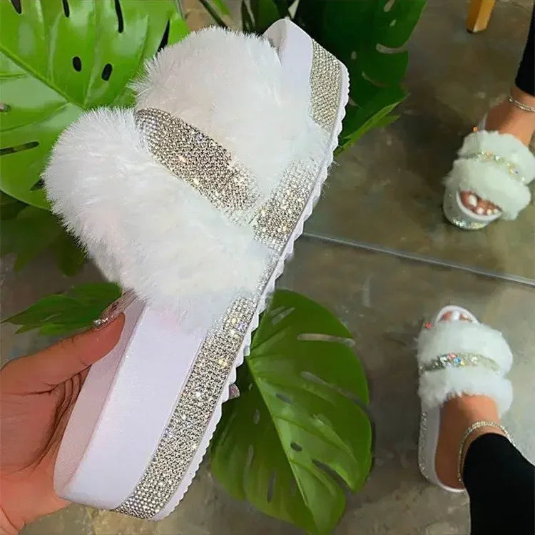 Women Casual Slippers Fashion Rhinestone Suede Platform Flats Outdoor Comfortable Indoor Female Slippers Chinelo Nuvem