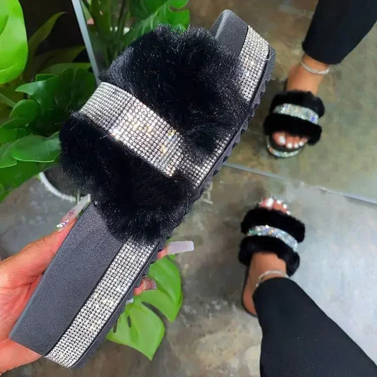 Women Casual Slippers Fashion Rhinestone Suede Platform Flats Outdoor Comfortable Indoor Female Slippers Chinelo Nuvem