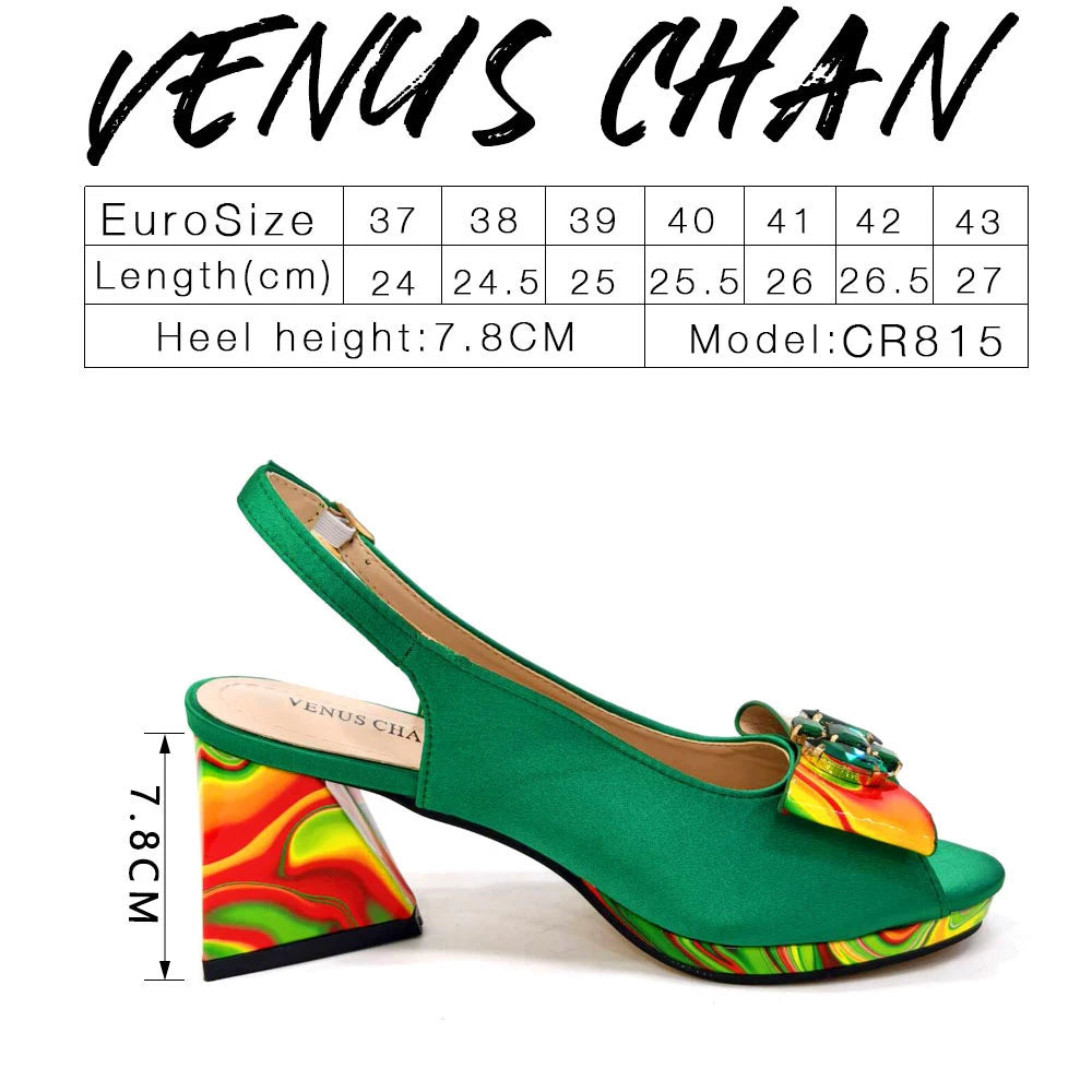 Venus Chan New Italian Shoes and Bag for Party 2024 Blue Color Rhinestones Painted Pattern Elegant Woman Peep Toe High Heels