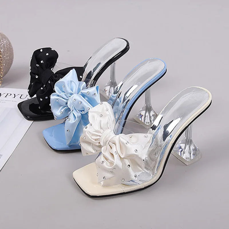 2023 Fashion Crystal Bow High Heels Slippers Shoes for Woman Sexy PVC Transparent Sandals Women Slides Open Toe Pumps Blue Black