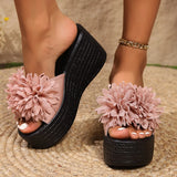 Large Flower Open Toe One Line Thick Bottom Slippers for Women's 2024 Summer New Fashion Slope Heel Women's Slippers