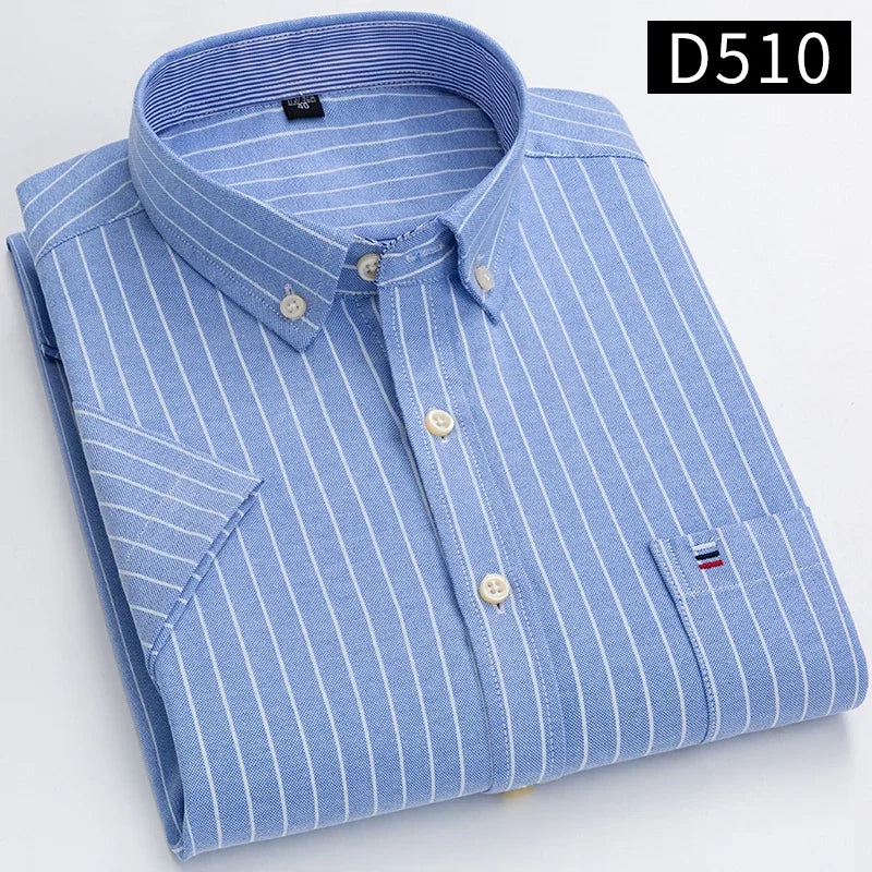 100% Cotton Breathable Men Oxford Short Sleeve Summer Plaid Striped Male Shirt Business Regular Fit Oversized Clothes