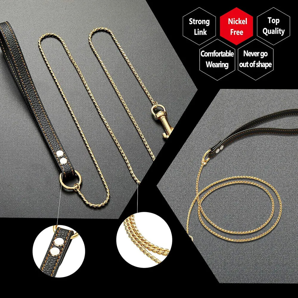 Strong Chew-Proof 18k Gold Metal Cuban Chain Dog Leash with Leather Handle Stainless Steel Cuban Link Puppy Dog Walking Leash