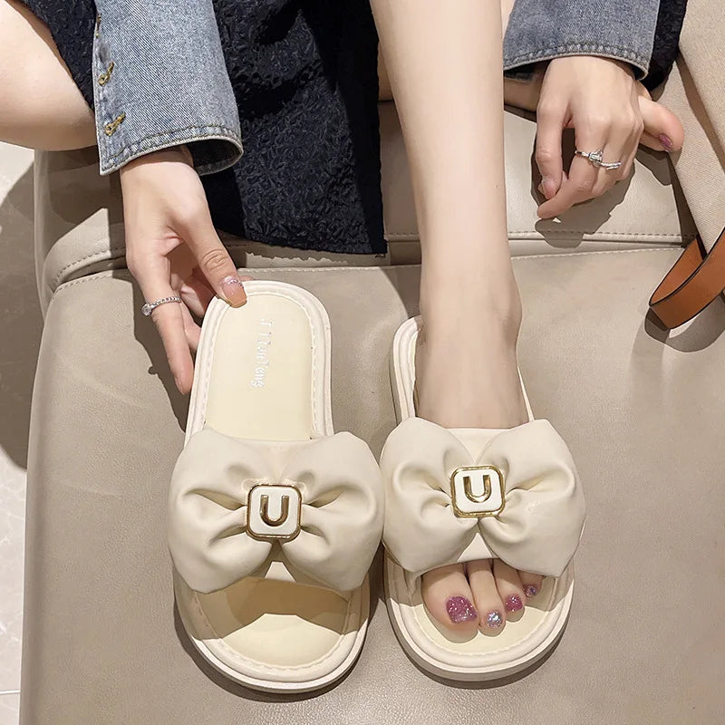 2024 Summer New Women Fresh Light Sense of Square Buckle Bow Sandals Simple Outside Wear Flip-flops Explosion Buy Slippers