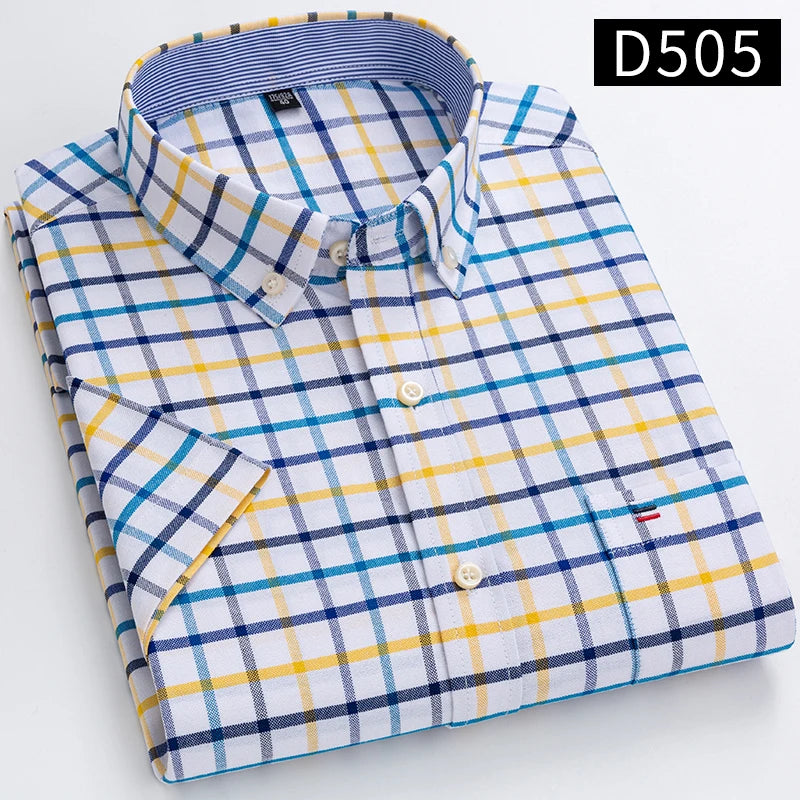 100% Cotton Breathable Men Oxford Short Sleeve Summer Plaid Shirts Striped Male Clothes Business Regular Fit Oversized