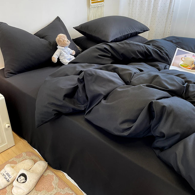 Black Bedding Set Soft Bed Linen Set Washed Cotton Duvet Cover Pillowcase and Bedsheet постельное бельё набор Home Bedclothes