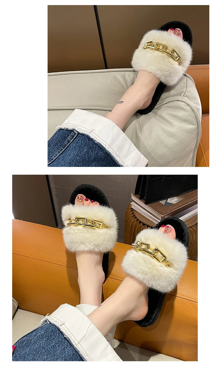 Fluffy Slippers Home Winter Casual Chain Designer Shoes Women 2024 Indoor Platform Plush Slides Girls Fashion Elegant Large Size