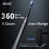 Seago Electric Sonic Toothbrush USB Rechargeable Adult 360 Days Long Battery Life IPX7 4 Replacement Heads Travel Box  SG-575