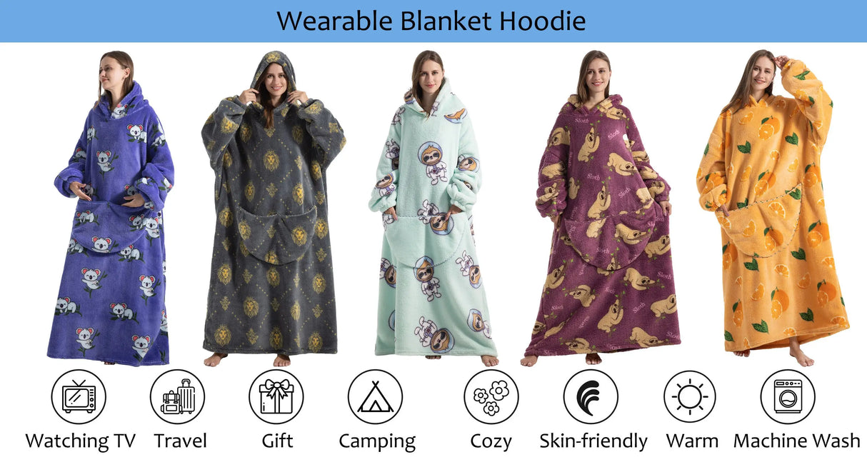 Extra Long Winter Hoodie Flannel Warm Blanket with Sleeves Women Hoodies Oversized Sweatshirt Couples Pullover Giant TV Blanket