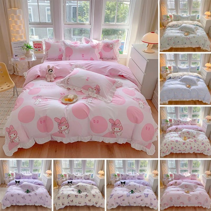 Sanrio Kids Bedding Set Kuromi Cinnamoroll Mymelody Duvet Cover Bed Sheet Pillowcase Bedsheet Double Single King Queen Twin Size