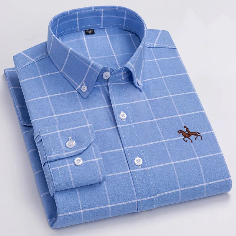 100% Cotton Oxford Shirt Men's Long Sleeve Embroidered Horse Casual Without Pocket Solid Yellow Dress Shirt Men Plus Size S-6XL