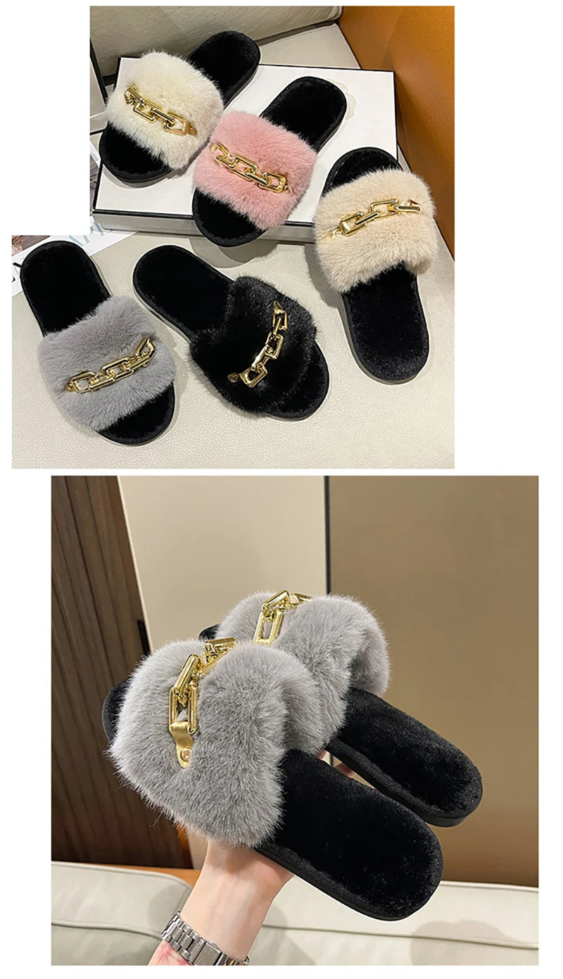 Fluffy Slippers Home Winter Casual Chain Designer Shoes Women 2024 Indoor Platform Plush Slides Girls Fashion Elegant Large Size