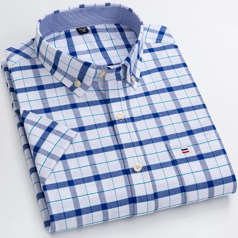 100% Cotton Breathable Men Oxford Short Sleeve Summer Plaid Shirts Striped Male Clothes Business Regular Fit Oversized