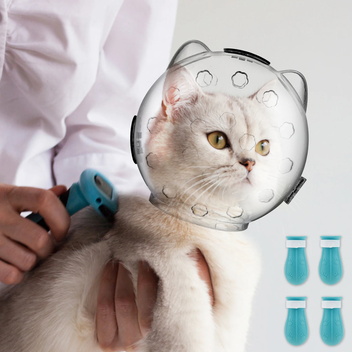 Breathable Cat Muzzle Transparent Anti-Bite Protective Space Hood Durable Cat Grooming Accessories with 4 Silicone Paw Shoes