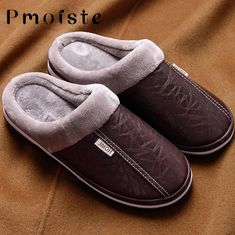 Winter Home Slippers for Men Memory Foam Massage House Slippers With Fur PU Leather Waterproof Indoor Male slipper Plus Size 51