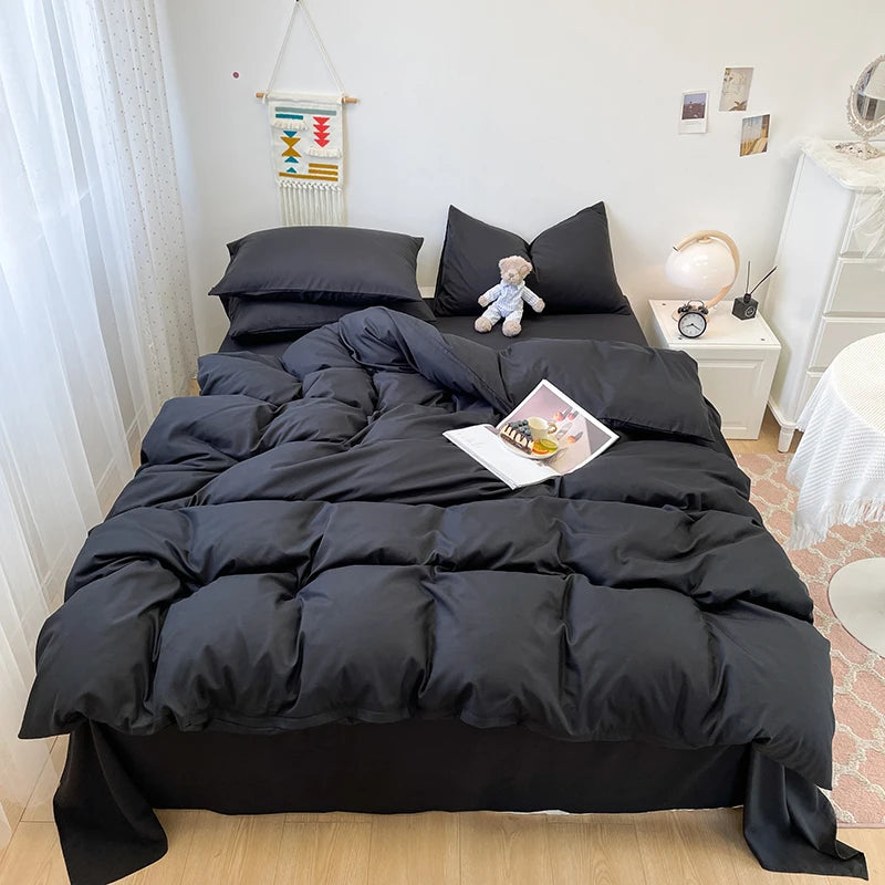 Black Bedding Set Soft Bed Linen Set Washed Cotton Duvet Cover Pillowcase and Bedsheet постельное бельё набор Home Bedclothes