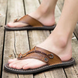 2023 Summer Handmade Leather Slippers Trendy Fashion Men's Flip-flops Outdoor Breathable Comfortable Men and Simple Sandals